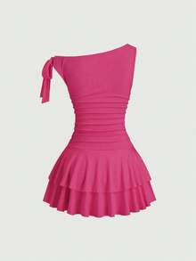 Sweetra Women's Casual Metal Decor Asymmetric Collar Dress, Summer - Hot Pink - View 2
