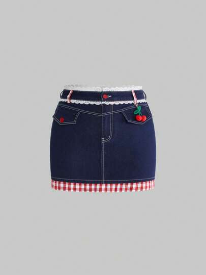 Sweetness Chân váy denim mini phối màu dáng rộng, thiết kế đồng quê ngọt ngào, thích hợp cho mùa xuân/hè.