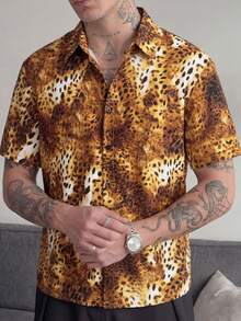 HIMLAND Men's Fashion Raglan Short Sleeve Front Button Leopard Print Shirt - Multicolor - View 8