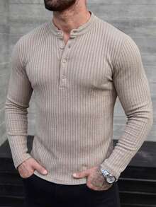 Men's Solid Casual Ribbed Button Front Great Quality Polo Neck Long Sleeve Top - Beige - View 3