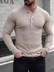 Men's Solid Casual Ribbed Button Front Great Quality Polo Neck Long Sleeve Top - Beige - View 4