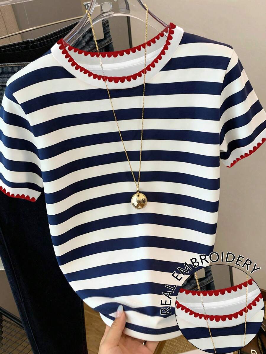 Resyla 女士条纹印花贝壳刺绣短袖T恤，夏季 - 白色 - 查看 1