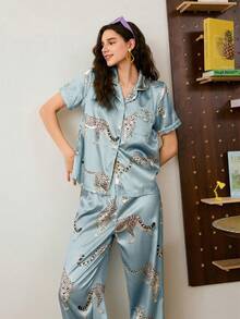 Chillnights Young Leopard Print Contrast Color Cardigan Women Pajama Set - Baby Blue - View 5