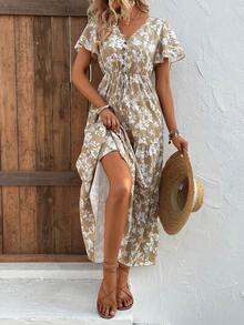 Breezaya Floral Print Knot Front Ruffle Hem Dress Maxi Vacation Beach Outfits Women - Khaki - View 7