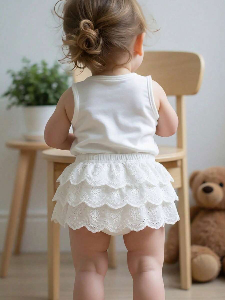 SHEIN 女婴可爱网纱刺绣多层裙 - 白色 - 查看 1