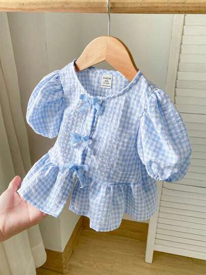 SHEIN Baby Girl Cute Versatile Black & White Plaid Bow Tie Short Sleeve Top, Summer