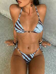 Aloruh 女士春夏新款泳衣，优雅性感热带雨林斑马纹串珠装饰波西米亚风迷你三角上衣和系带泳裤，沙滩度假套装 - 藍色 - 查看 7