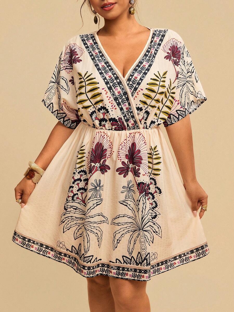 Travachic Plus Size Women Fashion Casual Printed V-Neck Short Dress - Multicolor - View 1