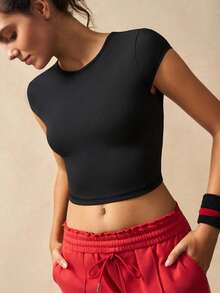 VARSIVA 女式露背系带圆领短袖短款运动T恤 - 黑色 - 查看 10