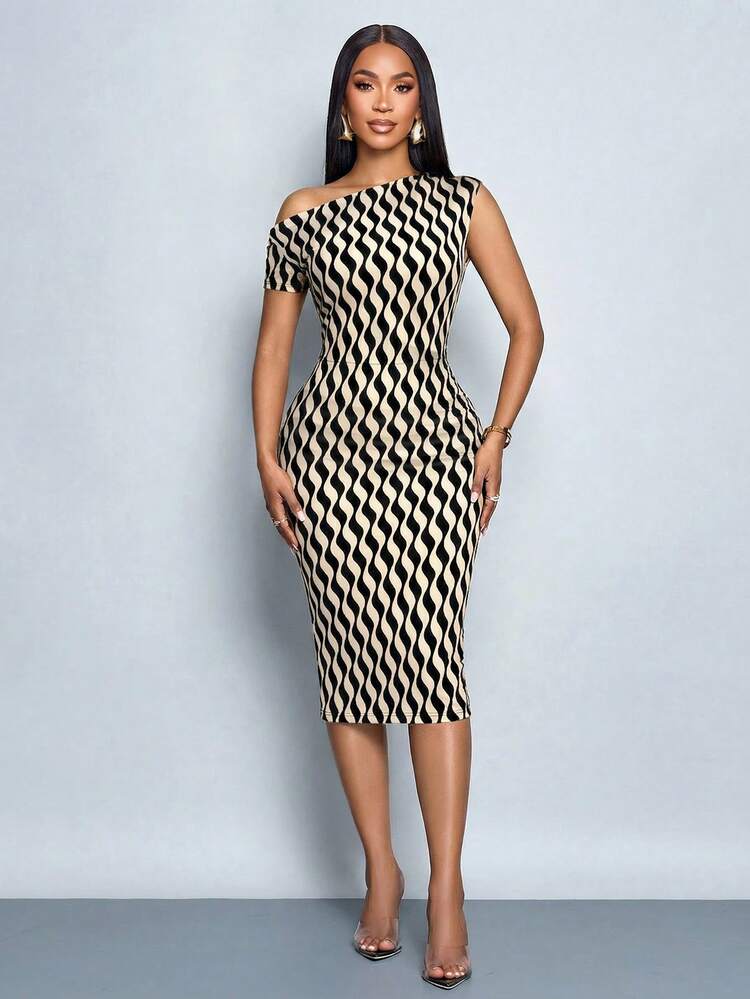 SOLERSUN Vestido midi de mujer elegante y sencillo con estampado ondulado de un solo hombro, para primavera y verano. Una pieza versátil adecuada para el estilo callejero, el negocio casual de vacaciones, el uso diario y elegante y cómodo para vacaciones y fiestas. - Negro - Añade 6