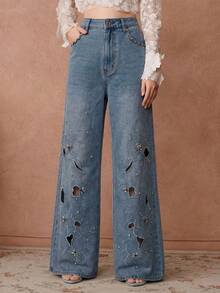 Anewsta Quần jeans ống rộng dáng suông thêu ren đính đá, thời trang mới mùa xuân/hè dành cho nữ, thích hợp mặc hàng ngày đi làm. - Màu xanh lam - Xem 5
