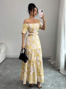 Elenzga Đầm nghỉ mát lệch vai, buộc dây, khoét rỗng dành cho nữ (Họa tiết hoa, cắt bất đối xứng) - Vàng nhạt - Xem 6