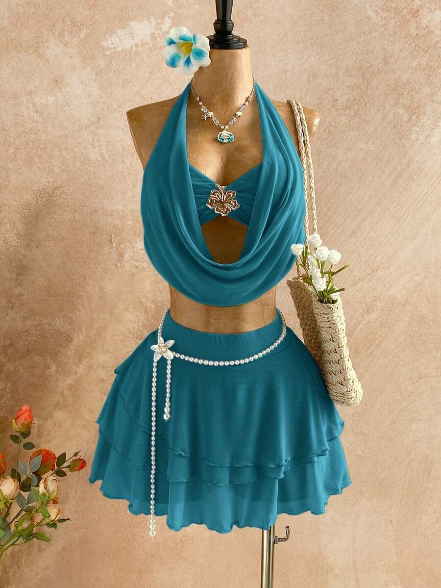 Soleia 女士日落渐变深V领花卉金属扣装饰吊带上衣和多层荷叶边迷你裙两件套,休闲假日海滩邮轮度假,适合所有季节、音乐节、波西米亚风度假 - 水鴨藍 - 查看 1