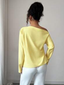 Elenzga Women's New Autumn Ruched Asymmetrical Shoulder Long Sleeve Blouse - Light Yellow - View 2