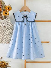 SHEIN Elladie kids 女童休閒夏季仙女派對洋裝，淺藍黑色小碎花方領設計，附可愛蝴蝶結蕾絲飾邊，優雅穿搭，藍色蝴蝶 - 藍色 - 查看 3