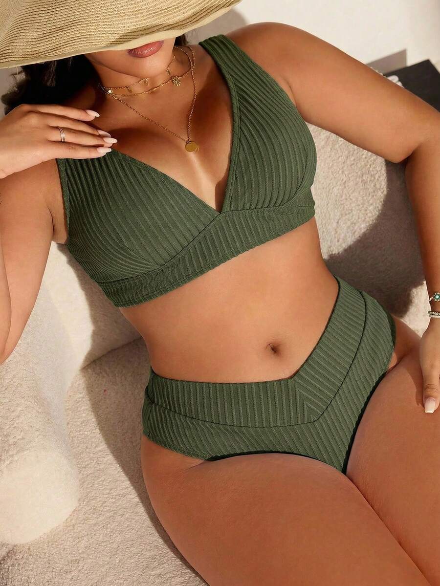 Swim Lushoire 大码纯色纹理面料沙滩泳衣套装