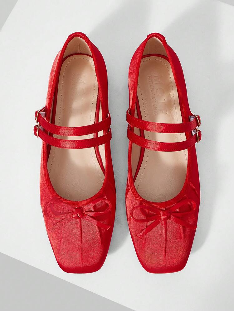 WOMEN'S ELEGANT MINIMALIST COMMUTING SOLID COLOR BOW DECOR DOUBLE BUCKLE STRAPS BALLET FLATS SHOES FOR CHRISTMAS VALENTINE'S DAY