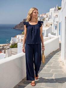 Faunlyn Women's Vacation Casual Solid Color Top And Pants 2 Pieces Set Summer Outfits For Women Coords For Women Summer Outfit Casual Sets For Women Vacation Outfits Women Holiday Outfits For Women Summer Holiday Outfits Country Concert Outfit Work Outfits For Women Office Outfits For Women Two Piece Set Women Summer Two Piece Set 2 Piece Vacation Outfit Two Piece Vacation Set Women's Blouse Set - Blue - View 4