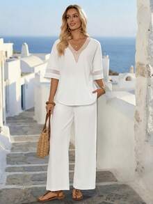 EMERY ROSE 女士休闲V领上衣和裤子两件套 - 白色 - 查看 4