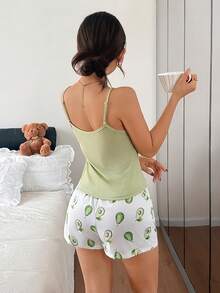 Napfluff 女士牛油果印花吊带背心短裤睡衣套装，夏季 - 綠色 - 查看 2