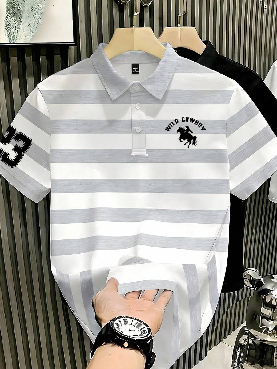 Manfinity Homme 男士撞色马匹印花领拼接商务休闲Polo衫，适合送给丈夫，男士T恤Polo衫，男士高尔夫球衫，时尚设计师T恤，专为男士设计 - 彩色 - 查看 1