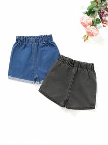 2件套女婴休闲可爱蓝色水洗牛仔短裤套装 - 淺灰色 - 查看 2