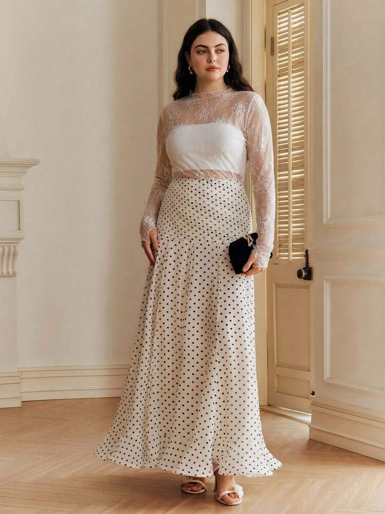 Plus Size Women's Elegant Polka Dot Print Design High-Quality Skirt, Spring/Summer