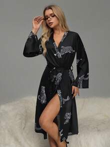 HautHeat 女士动物纹打结腰身休闲家居服睡袍 - 黑色 - 查看 7