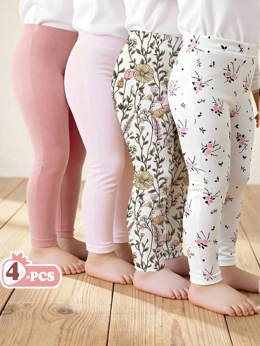 SHEIN Vintaside Kids 4件套女婴休闲百搭简约舒适柔软亲肤黑白条纹、粉色、杏色纯色打底裤，性价比高，适合春夏室内外玩耍 - 彩色 - 查看 1