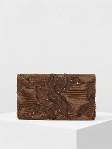 MOTF PREMIUM LADIES ELEGANT FLORAL PATTERN BEAD MATERIAL CLUTCH BAG ENVELOPE BAG WITH ARTIFICIAL FEATHER DECORATION,VALENTINES DAY - Coffee - View 4