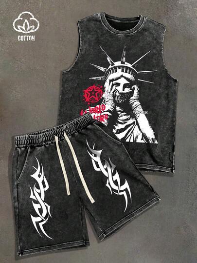 PAVTROS Men's Statue Of Liberty Print Crew Neck Tank Top And Shorts Casual Set