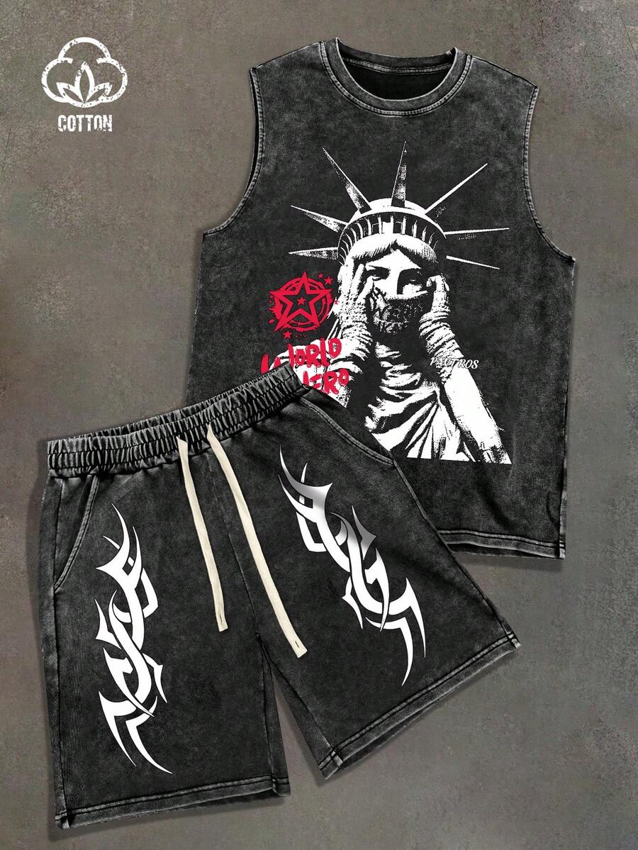 PAVTROS Men's Statue Of Liberty Print Crew Neck Tank Top And Shorts Casual Set - Black - View 1