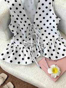 Resyla Áo hai dây buộc phía trước in họa tiết chấm bi dáng casual dành cho nữ, thích hợp cho mùa hè. - Nhiều màu - Xem 3