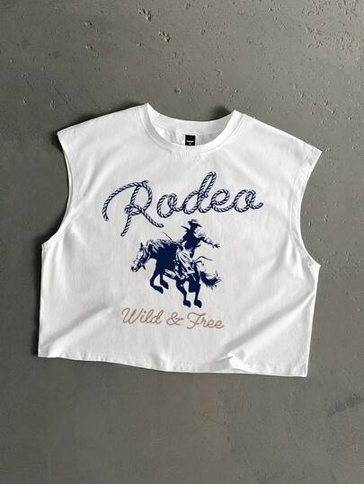 StoneGrade 复古美式西部牛仔印花白色短款露脐背心，时尚休闲穿搭，约会聚会必备，适合作为男友礼物