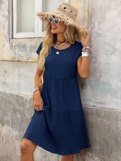 Brillora Women's Spring/Summer Solid Ruffle Hem Round Neck Short-Sleeve Dress