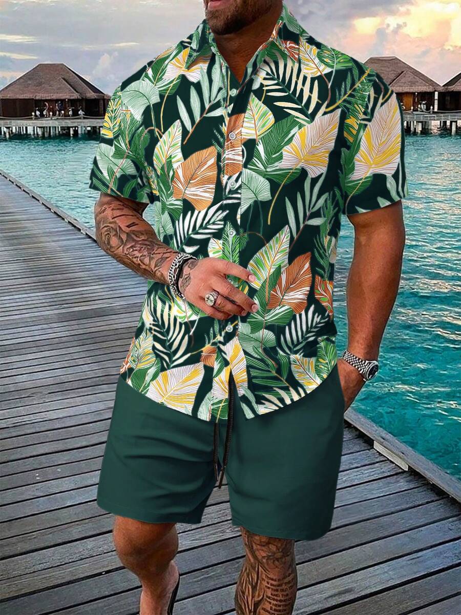 Manfinity RSRT 2 piezas Conjunto de top de manga corta con estampado botánico y pantalones cortos de unicolor para hombre - Multicolor - Ver 1