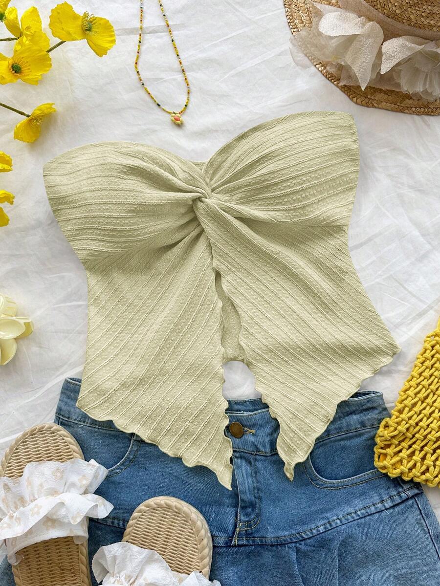 SHEIN PETITE 女士假日鹅黄色针织纹理抹胸上衣，前中开衩，波浪边修身剪裁，适合下午茶、街头度假、秋冬季室内外派对穿着 - 薄荷綠 - 查看 1