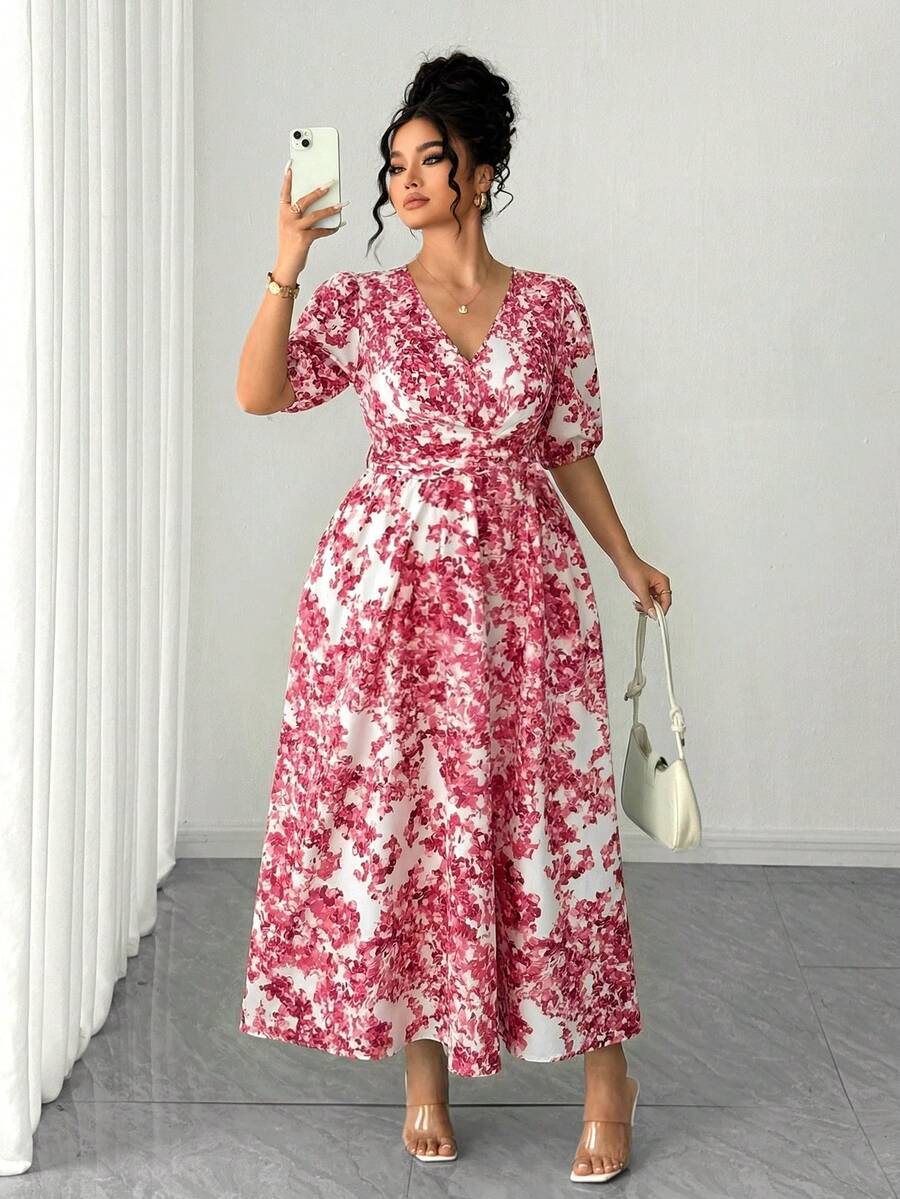 SHEIN Elenzya Plus Size Women Summer Vacation Casual V-Neck Petal Sleeve Waist Cinched Flared Dress Fall - Rose Red - View 1