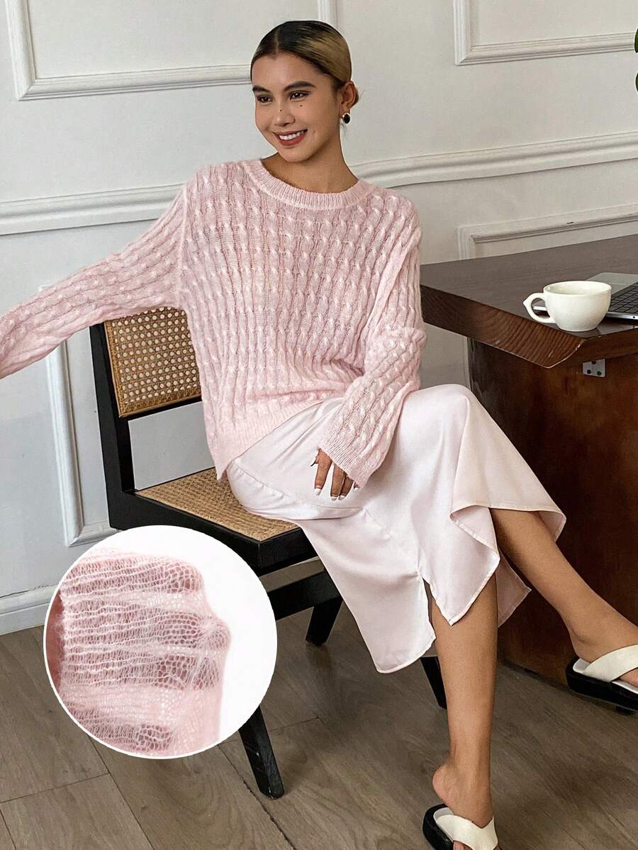 DAZY 2件套女士针织宽松长袖上衣和长裙休闲套装，春季 - 粉色 - 查看 1