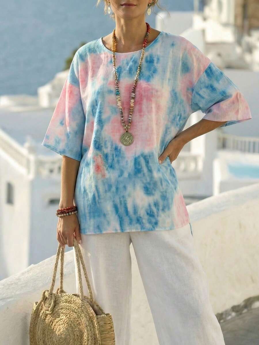 Louniche Women's Tie-Dye Loose Batwing Sleeve Blouse, Versatile Shirt For Spring & Summer - Multicolor - View 1