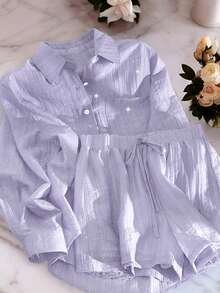 Bộ đồ nữ 2 mảnh đính sequin lấp lánh năm 2025, áo sơ mi nhẹ nhàng đa năng và quần short ống rộng, thích hợp cho mùa hè. - Màu tím hoa cà - Xem 3