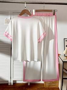 Conjunto de camiseta de manga raglán con cuello redondo y pantalones rectos de punto con ribete de contraste negro y blanco, uso diario versátil para niñas preadolescentes - Blanco - Ver 2