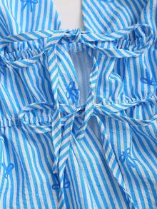 Sweetra Bộ đồ nữ thường ngày kẻ sọc, in nơ, gồm áo hai dây và quần ống rộng thoải mái, đa năng, thích hợp cho mùa xuân/hè. - Màu xanh lam - Xem 6