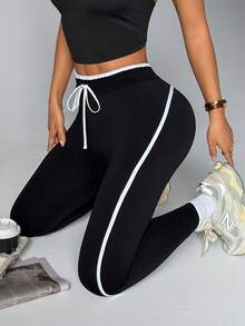 With My Calm Quần legging thể thao yoga không đường may/Sọc tương phản bên hông/Kiểu dáng ôm sát/Yoga thể dục/Thể thao ngoài trời/Chạy bộ/Đạp xe/ - màu đen - Xem 8
