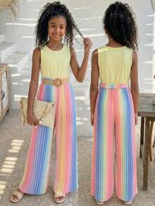 Sparklyn Tween 女童无袖圆领背心搭配彩虹褶皱阔腿裤套装，适合通勤和休闲，春夏季 - 黃色 - 查看 1