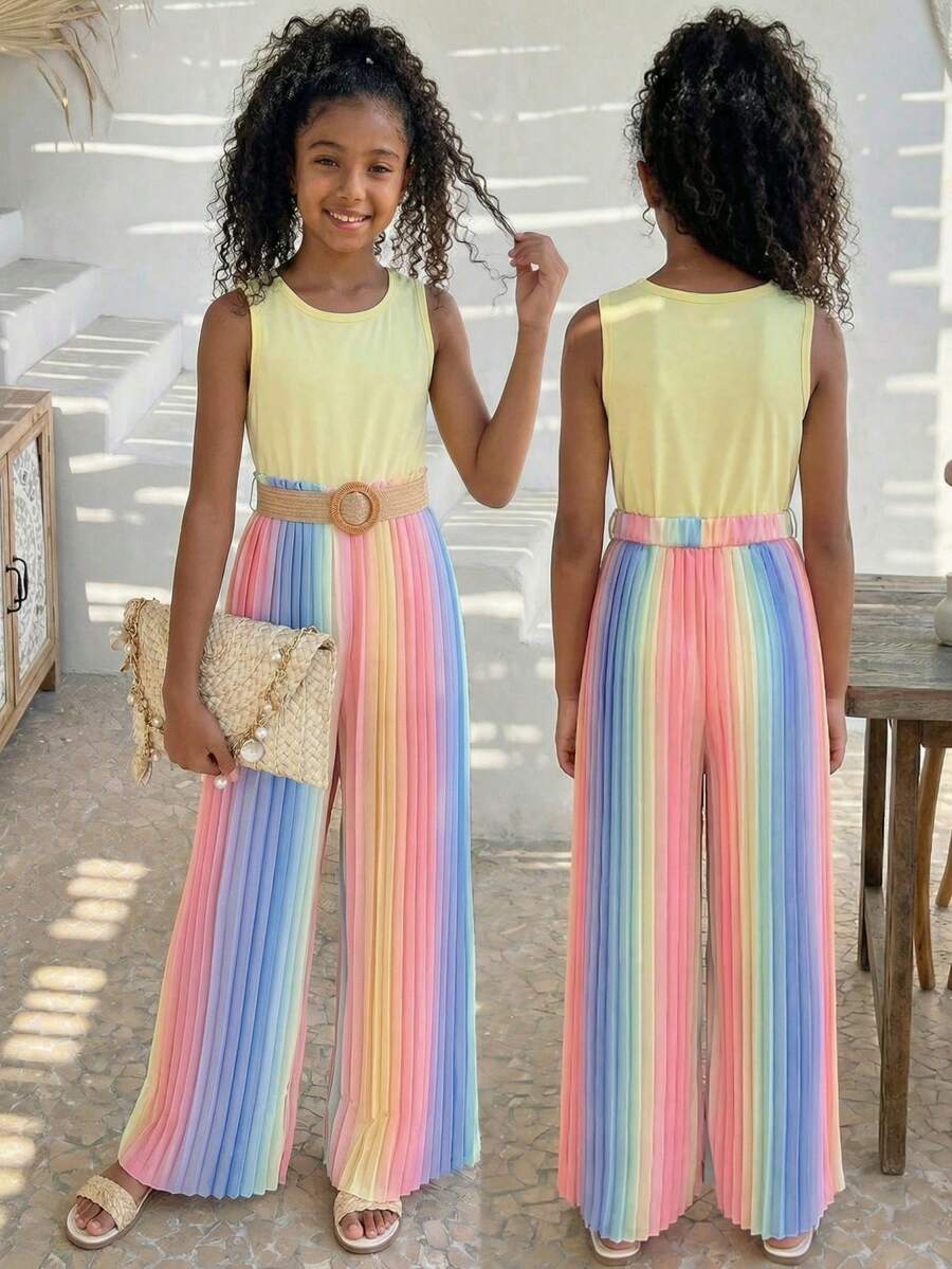 Sparklyn Tween 女童无袖圆领背心搭配彩虹褶皱阔腿裤套装，适合通勤和休闲，春夏季 - 黃色 - 查看 1