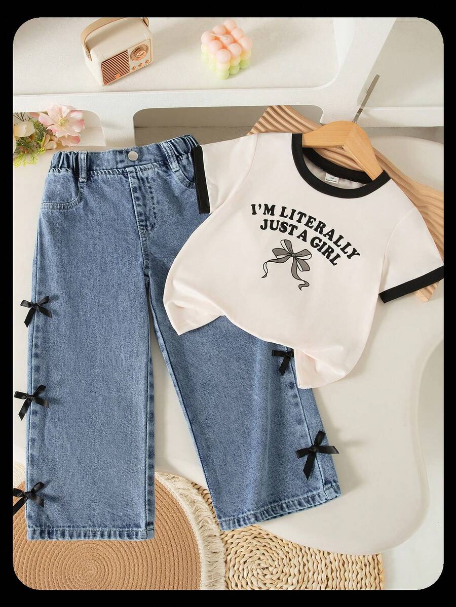 SHEIN Elladie kids Áo thun in nơ cổ tròn đơn giản mùa hè cho bé gái, quần dài cạp chun, quần denim dài, quần dài thắt nơ bên hông, bộ đồ ngọt ngào, thời trang thường ngày - Nhiều màu - Xem 1