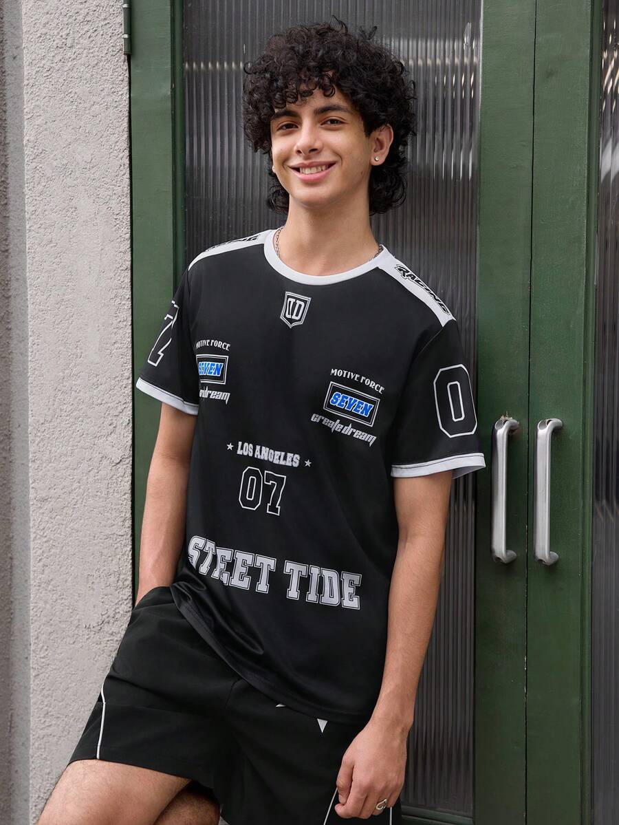 Open Phase 男士休闲街头风T恤，涤纶针织面料，圆领，印花设计，常规版型，夏季上衣。复古美式风格，男女皆宜，宽松版型，适合日常穿着和夏季度假。 - 黑色 - 查看 1