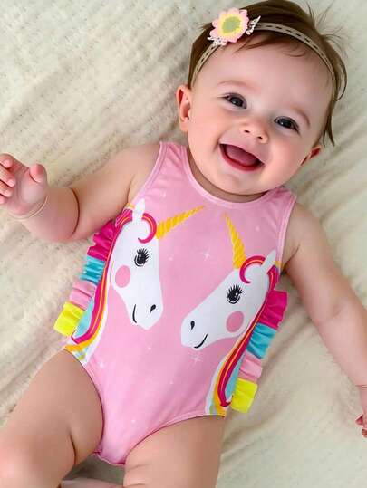 SHEIN Bộ đồ bơi liền thân cho bé gái in hình kỳ lân, viền bèo nhún.