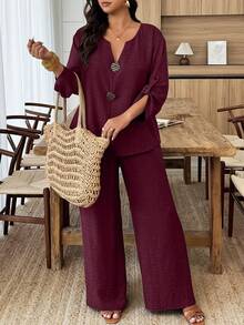 Women's Plus Size Spring/Summer Casual Mid-Sleeve Button Decor V-Neck Shirt And Straight Leg Pants 2-Piece Set, Suitable For Daily And Vacation Wear - Burgundy - View 1